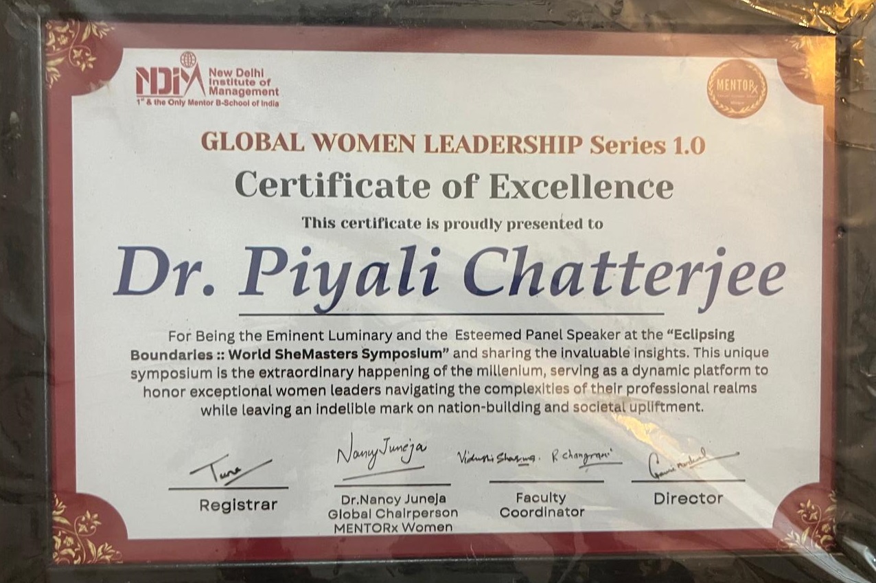 Dr. Piyali Chatterjee Honored with Certificate of Excellence 